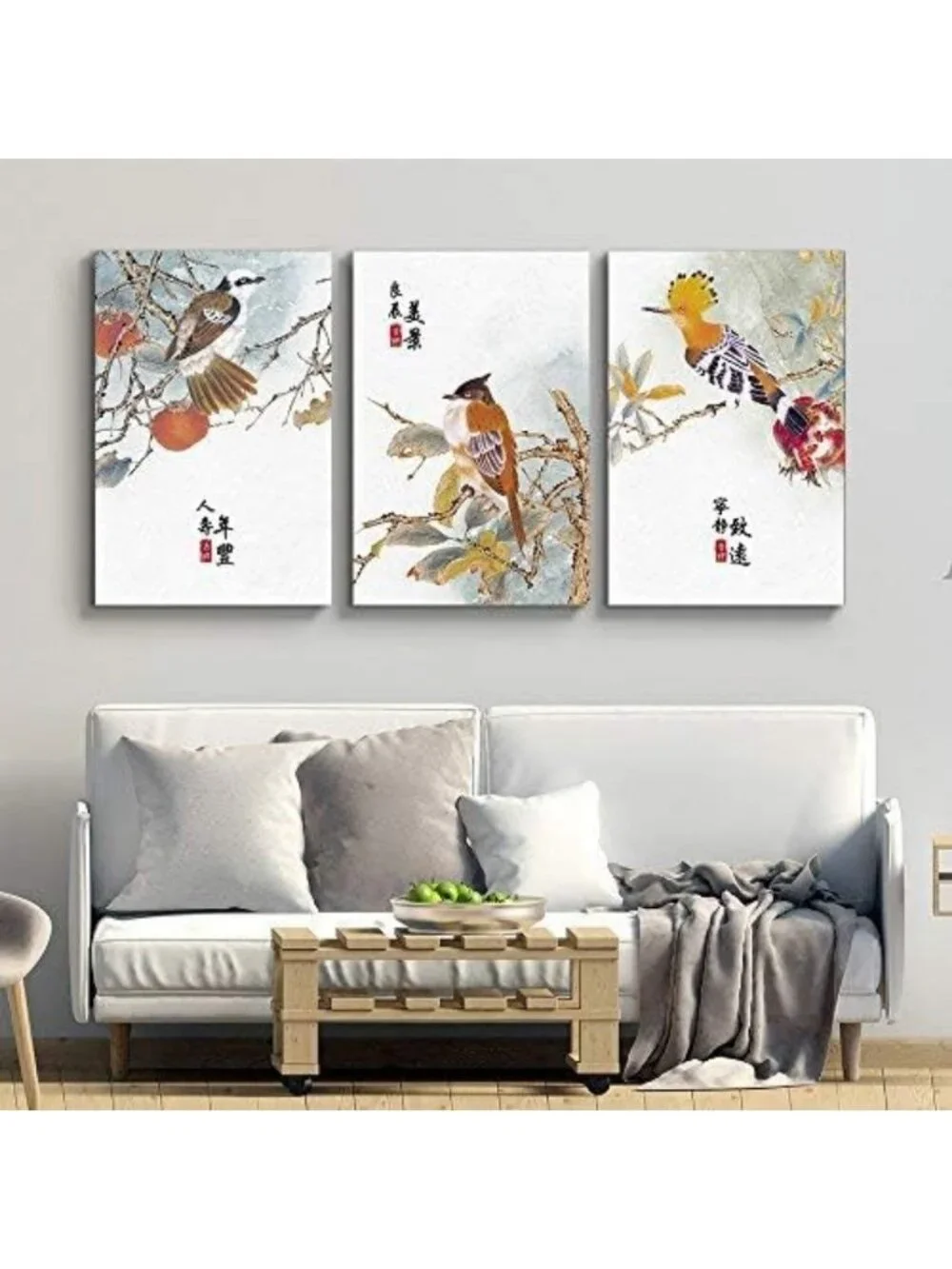 Colorful 3-Panel Canvas Wall Art of Birds on Branches - Fall Watercolor Decor